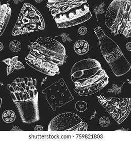 Fast food seamless pattern. Hand drawn vector illustration. Menu design with pizza, burgers and french fries. Engraved style image. 