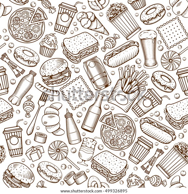 Fast Food Seamless Pattern Hand Drawn Stock Vector (Royalty Free) 499326895