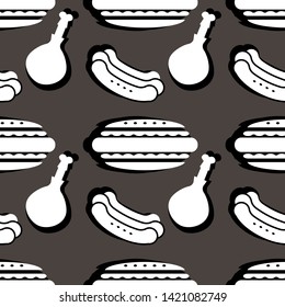 fast food seamless pattern. hot dog, hamburger and fried chicken leg. Black and white vector illustration.