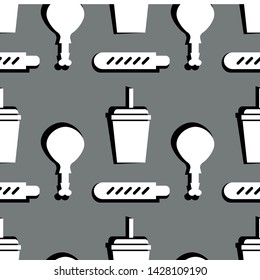 fast food seamless pattern. Hot dog, a glass of soda, fried chicken leg. Black and white vector illustration.