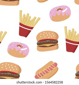 Fast food seamless pattern. Hot dog and burger. Hand drawn pattern