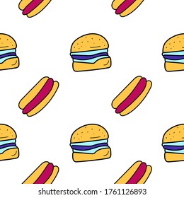 Comida rápida. Patrón sin foco de perros calientes y hamburguesas. Colores brillantes en el patrón vectorial.