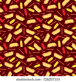 Fast food seamless pattern - hot dog sausage ketchup and mustard seamless texture. Vector illustration