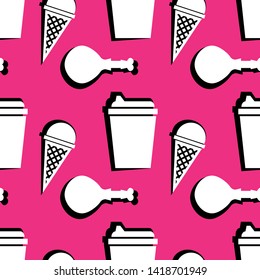 fast food seamless pattern. ice cream cone, cup of coffee, fried chicken leg. pink vector background