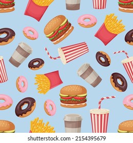 Fast food. Seamless pattern with the image of fast food products, such as burgers, donuts, coffee, a drink with a straw, fried potatoes. Fast food pattern. Vector.
