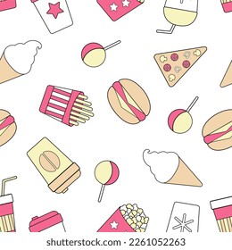 Fast food seamless pattern of isolated elements on a white background. Vector illustration of food and drink for wallpaper, print, wrapping paper.
