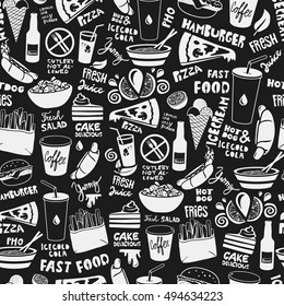 Fast food seamless pattern made of doodle food and drink illustrations. White on black background.