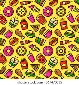 Fast food seamless pattern with objects in line style, eatery vector illustration