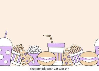 
Comida rápida sin fisuras en el fondo beige claro. Ilustración vectorial para impresión, afiche, invitación, vestuario.