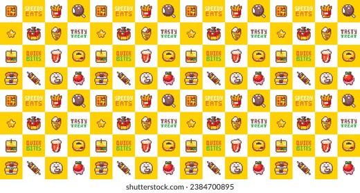 Fast Food Seamless Pattern in Pixel Art Retro 8bit Style. Cartoon Snack and Meal Elements For Cafe, Restaurant Decoration. Yellow Vector Game Arcade Motif. Sweet Desserts, Buns, Tarts, Sushi, Snacks.