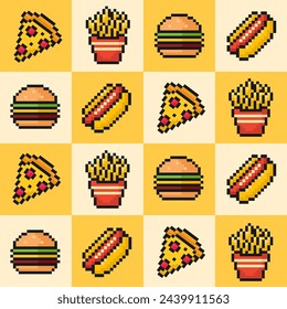 Fast Food nahtlose Muster, Pixel Art, Scheibe Pizza, Pommes Frites, Burger, Hot Dog, 90er, 80er, 8 Bit, alte Arcade-Spielstil, Vektor-Illustration