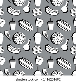 fast food seamless pattern. pizza, french fries, ice cream cone, a glass of soda, shake, hot dog, hamburger and fried chicken leg. Black and white vector illustration.