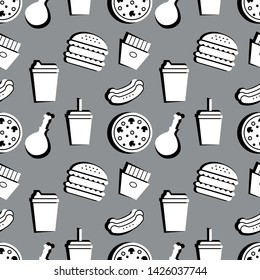 fast food seamless pattern. pizza, french fries, soda, cup of coffee, hot dog, hamburger, fried chicken leg. Black and white vector illustration.