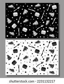 Fast Food Seamless Pattern, Pizza And Burger Seamless Pattern Black White Vector Design