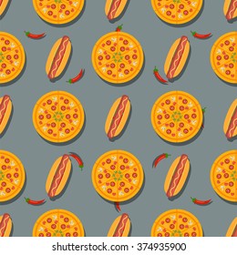 Fast food seamless pattern with pizza, chips for wrapping design. Vector illustrations