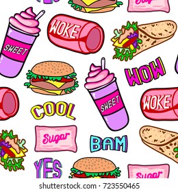 Fast food seamless pattern. Repeating background with sugar packs, canned beverages (carbonated drinks), chicken rolls, burgers, etc. Patches, badges, pins, stickers. White background.
