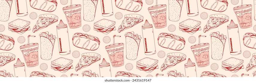 Fast food seamless pattern in retro linear style. Vector doodle illustration drawn by hands in sketch style. Background for restaurant menu, cafe, advertisements.