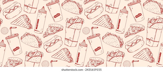 Fast food seamless pattern in retro linear style. Vector background drawn by hands in sketch style. For restaurant menus, street food advertisements, advertisements.