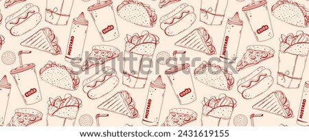 Fast food seamless pattern in retro linear style. Vector background drawn by hands in sketch style. For restaurant menus, street food advertisements, advertisements.