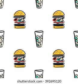 Fast food seamless pattern. sandwich set. Decorative elements for your packing design. 