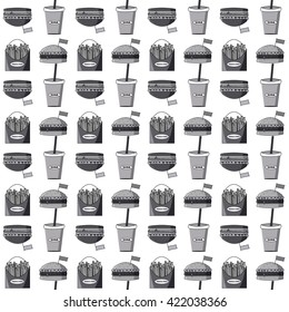 Fast food seamless pattern. Sandwich set. French fries, soda, burger. Decorative elements for your packing design.