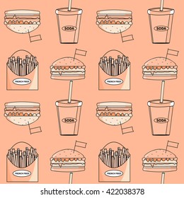 Fast food seamless pattern. Sandwich set. French fries, soda, burger. Decorative elements for your packing design.