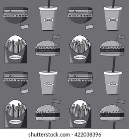 Fast food seamless pattern. Sandwich set. French fries, soda, burger. Decorative elements for your packing design.