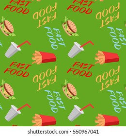 Fast food seamless pattern with sandwiches french fries, soda