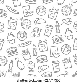 Fast food seamless pattern of seafood, snacks and desserts. Vector burgers and sandwiches, sushi and sashimi rolls, pizza and hot dog, chicken legs and wings and french fries with popcorn basket