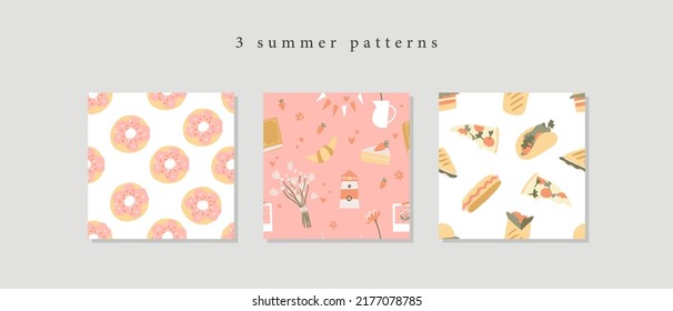 Fast food seamless pattern set. Donut, croissant, taco, pizza slice, burrito, sandwich, hot dog illustration. Cartoon style fastfood collection pattern. Wrapping paper, packaging design concept