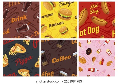 Fast Food Seamless Pattern Set Vector Flat Illustration. Soda Drink Coffee Burger Hot Dog Pizza Doughnut French Fries Chicken Legs Wallpaper Template Decorative Design. Restaurant Menu Unhealthy Meal