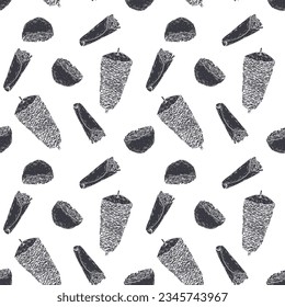 Fast food seamless pattern with shawarma, kebab in vintage hand drawn style. Engraving graphic design for menu, banner, cover. Vector retro background.