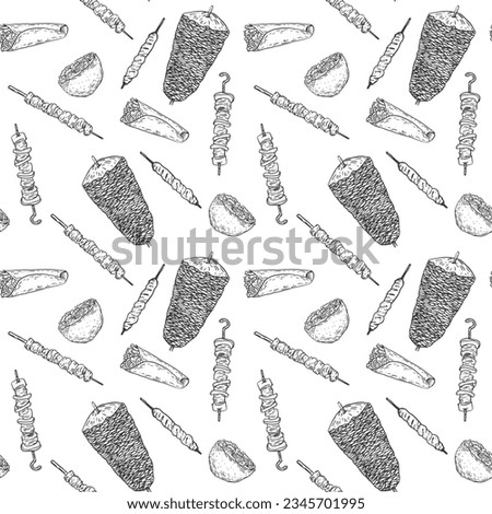 Fast food seamless pattern with shawarma, kebab in vintage hand drawn style. Engraving graphic design for menu, banner, cover. Vector retro background.