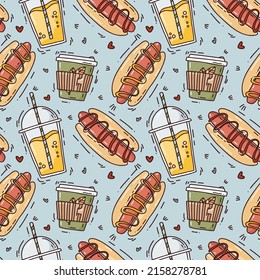 Schnelles, nahtloses Muster im Skizzenstil. Vektorhintergrund mit handgezeichneten Burgern, Pommes frites, Getränken und anderen Fastfood. Stilvolle Textur für Verpackung, Menü, Fastfood-Stoff.