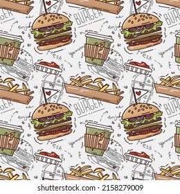 Comida rápida sin fisuras en estilo boceto. Fondo vectorial con hamburguesas hechas a mano, patatas fritas, bebidas y otra comida rápida. Textura elegante para el embalaje, menú, tela de comida rápida.