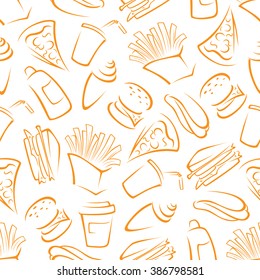 Fast food seamless pattern of sketched takeaway menu with burgers, sandwiches, pizzas, french fries, drinks and ice cream cones on white background. Use as fast food menu, cafe interior, fabric design