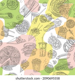 Fast food seamless pattern Sketchy fast food seamless pattern. Burgers, pizzas, sausages, pop corn, french fries, coffe etc.. Fish and Chips stock vector.