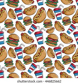 Fast food seamless pattern with soda cup, burger and hot dog