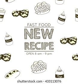 Fast food seamless pattern. Food store wallpaper pattern. Food related wrap seamless pattern