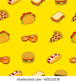 Fast food seamless pattern. Food store wallpaper pattern. Food related wrap seamless pattern