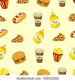 Fast food seamless pattern. Food store wallpaper pattern. Food related wrap seamless pattern