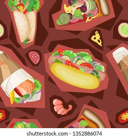 Fast food seamless pattern in the style of Zine culture. Burgundy tones background