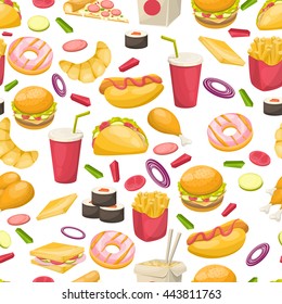 Fast food seamless pattern with sushi sandwich vegetables fried potato burger donut on white background vector illustration