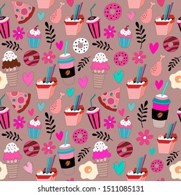 Fast food seamless pattern. Sweet background in doodle style