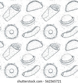 Fast food seamless pattern. Taco, hot dog, hamburger, kebab, bagel. Isolated linear background on white. Monochrome hand drawn doodle backdrop illustration.