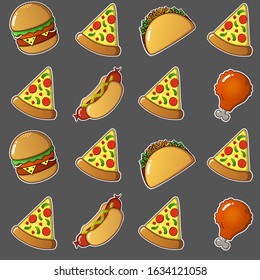 Fast Food Seamless Pattern - Tasty, Delicious And Colorful Burgers, Tacos, Hotdogs, Chicken Legs, Pizza Slices
