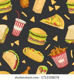 Fast Food Seamless Pattern, Tasty Unhealthy Meals, Design Element Can Be Used for Website, Cooking Book, Restaurant Menu, Wrapping Paper Vector Illustration