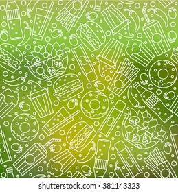 Fast Food Seamless Pattern. Thin line style, flat design,contour line. Vector illustration Template for restaurant and bar. PatternS for Business card, banner, brochure template. 