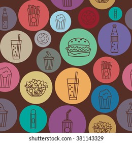 Fast Food Seamless Pattern. Thin line style, flat design,contour line. Vector illustration Template for restaurant and bar. PatternS for Business card, banner, brochure template. 