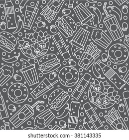 Fast Food Seamless Pattern. Thin line style, flat design,contour line. Vector illustration Template for restaurant and bar. PatternS for Business card, banner, brochure template. 